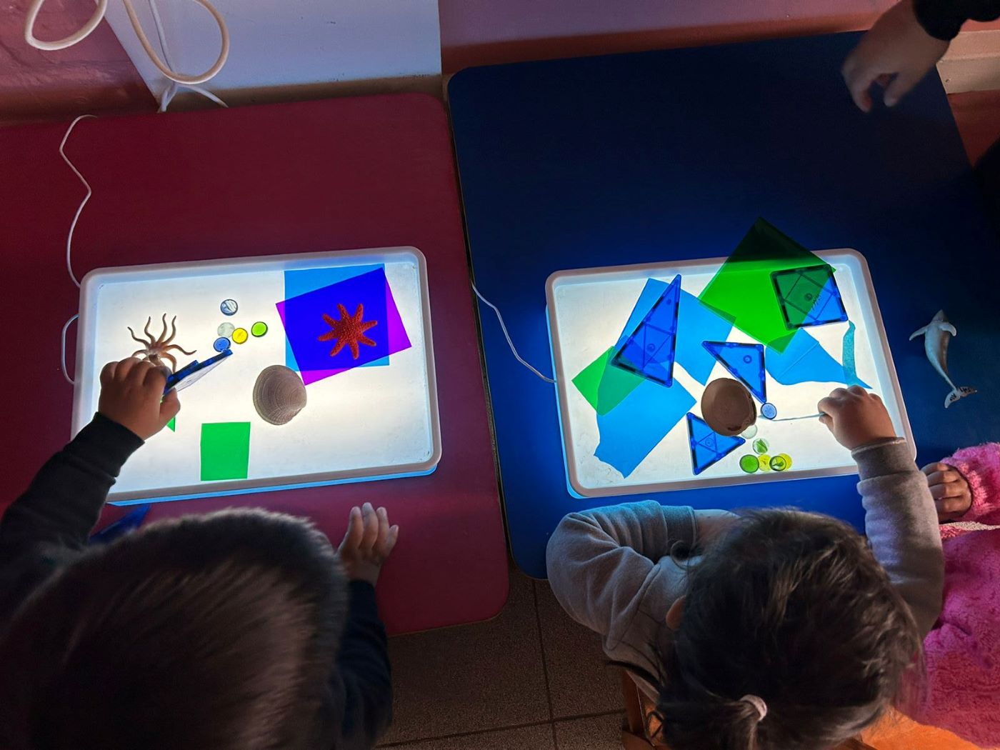 niños y niñas observando láminas transparentes sobre mesa de luz