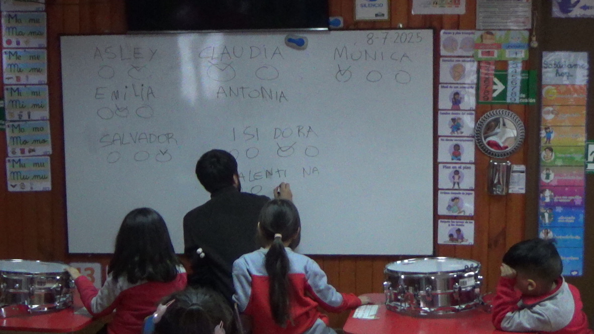 Profesor escribiendo en una pizarra nombres, mientras niños lo observan